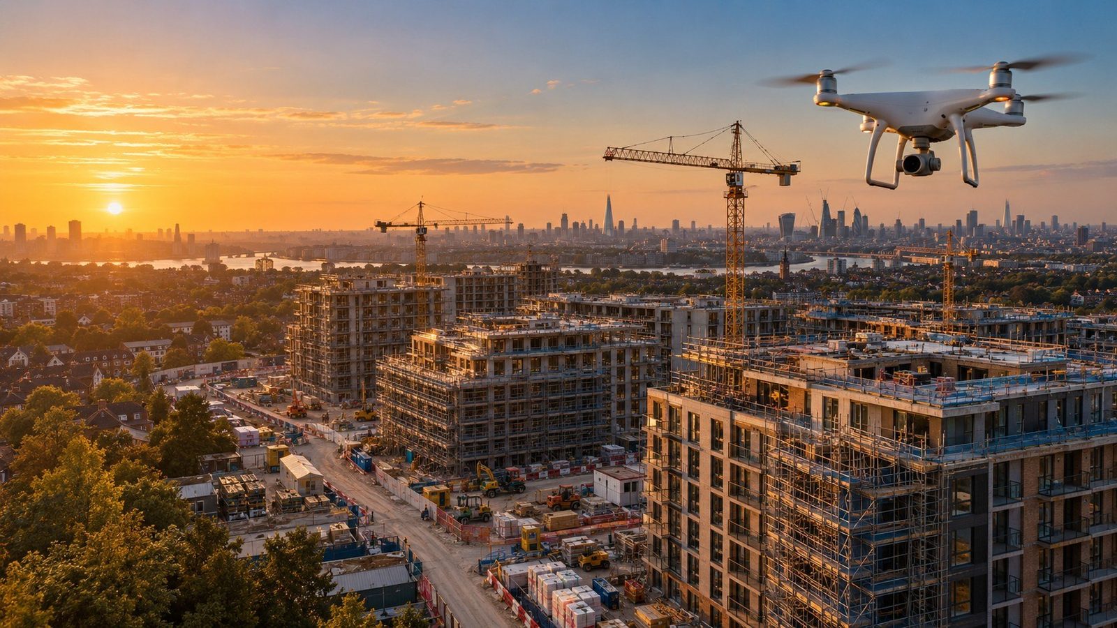 Drone footage over a UK construction site at sunset — raw material for AI progress videos