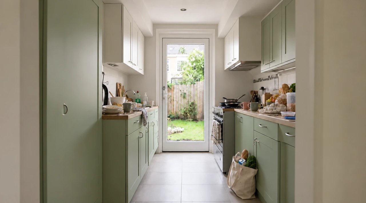 Kitchen before: stacked dishes, mugs and groceries visible